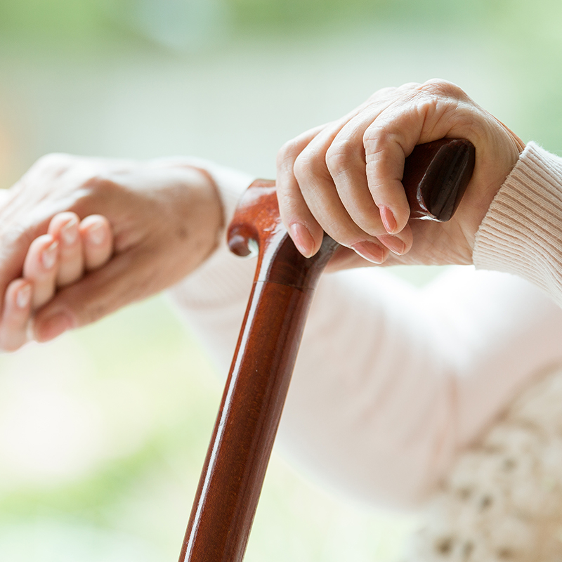 Elder,Person,Using,Wooden,Walking,Cane,During,Rehabilitation,In,Friendly